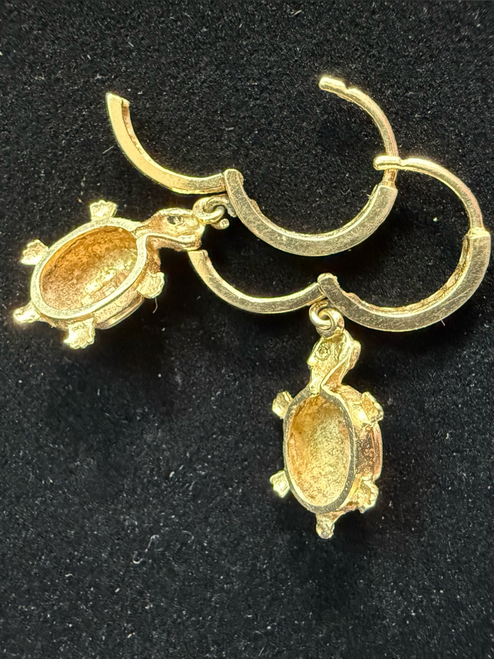 14K Tri Color Gold CZ Turtle Drop Dangle Huggies Hoop Earrings 3.7 Grams - Picture 11 of 16